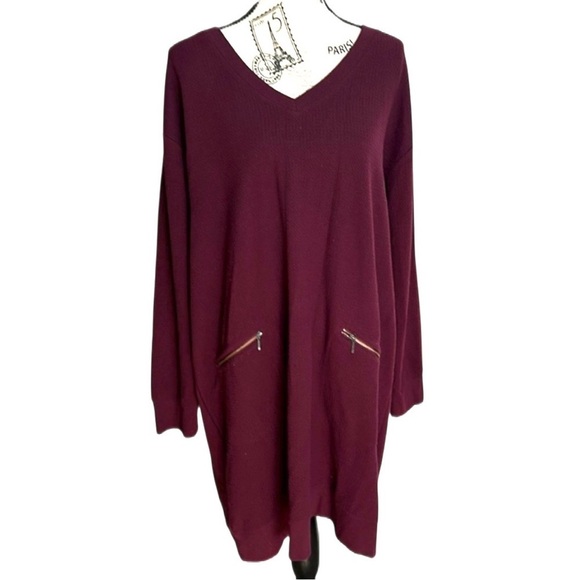 J Jill Shift Dress Burgundy Waffle Knit Zip Pockets V-Neck Long Sleeve, XL - Picture 2 of 9